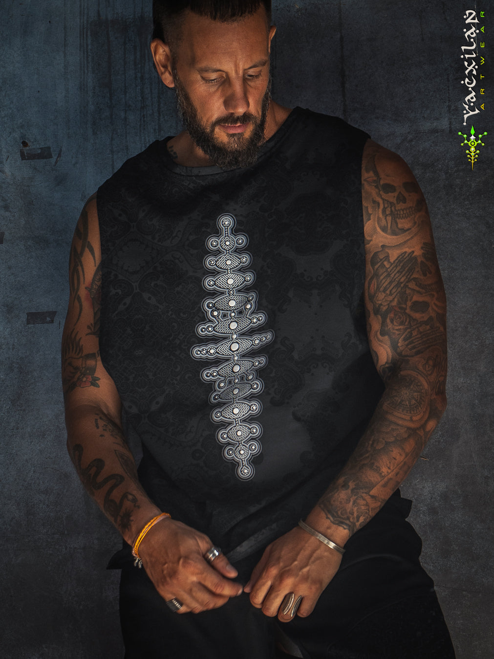 Open Tank Top Men / Black Cotton Shinker - MAYAN CODEX Galactik Spine